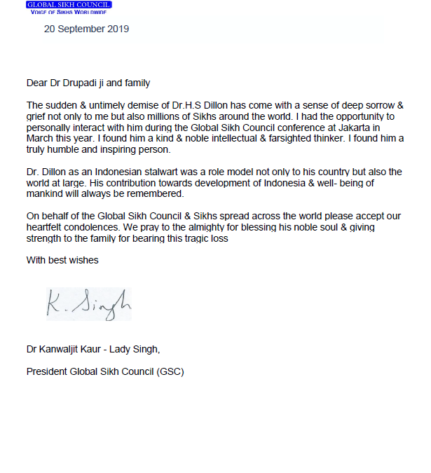 GSC letter condolences Dr Dhillon