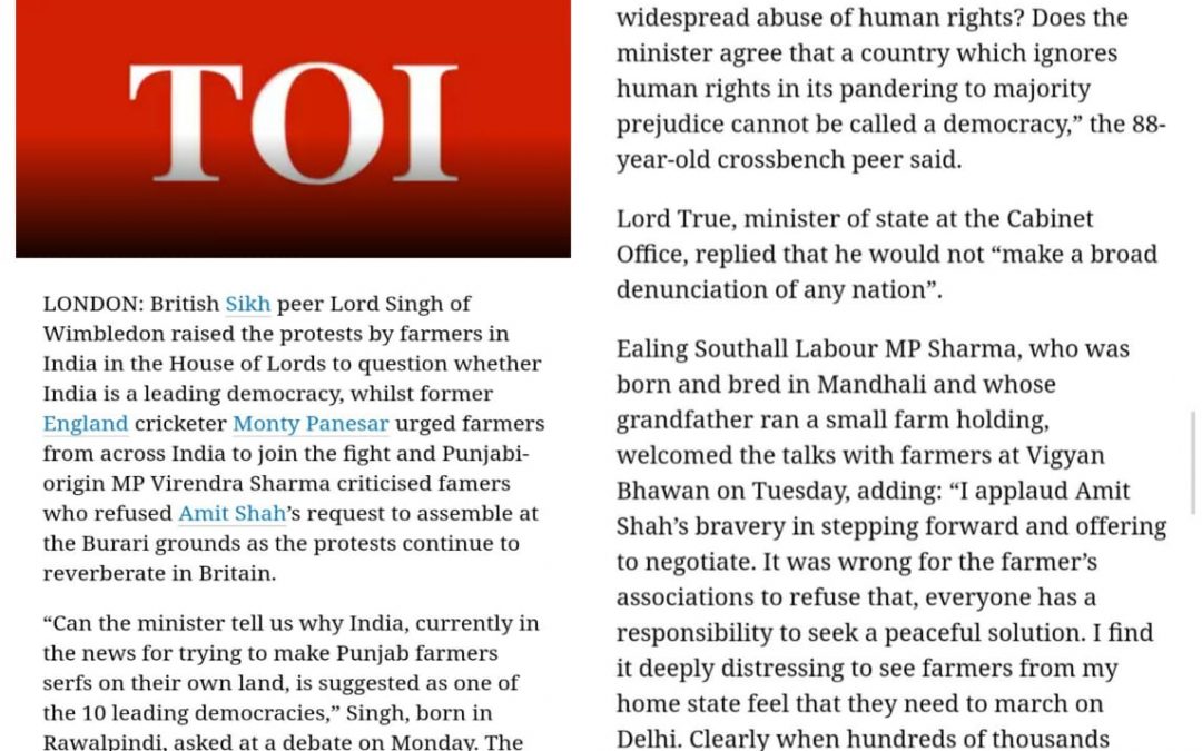 Sikh peer in House of Lords raises kisan protest to question. Times Of India